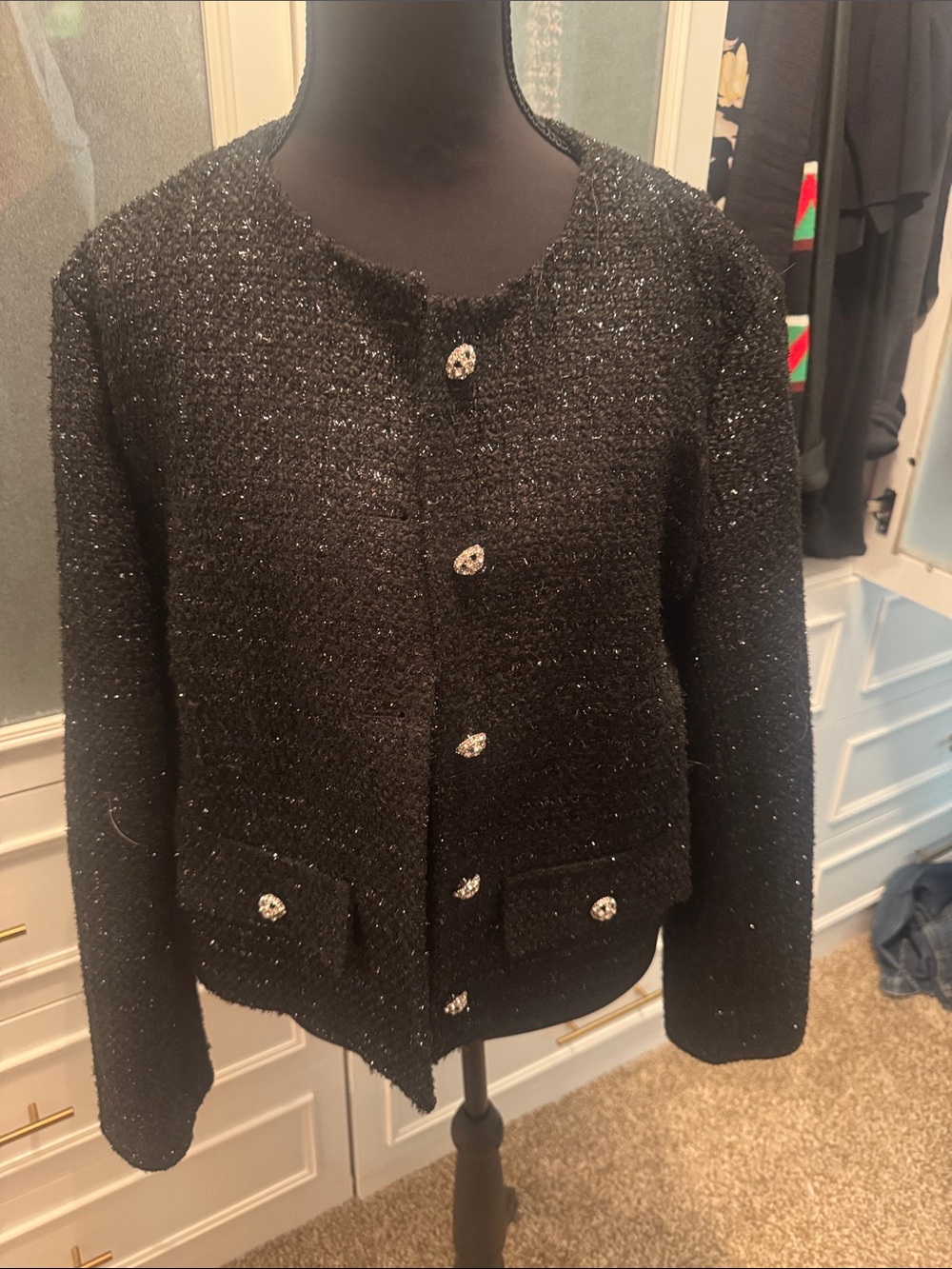 H&M Black Sparkle Tweed Jacket with Rhinestone Buttons